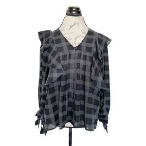 Loft Blouse Size XS Plaid Ruffle Button Long Sleeves Bohowestern Rodeo Western